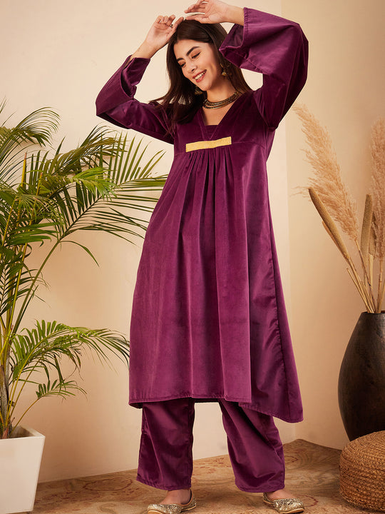 Wine V Neck Asymmetrical Pleated Velvet Kurta Set
