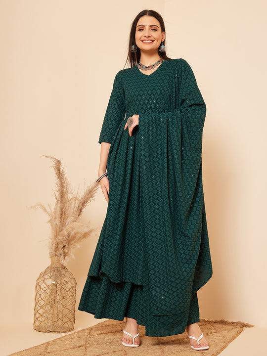 Forest Green Chikankari Long Anarkali Kurta Sharara Set W Dupatta