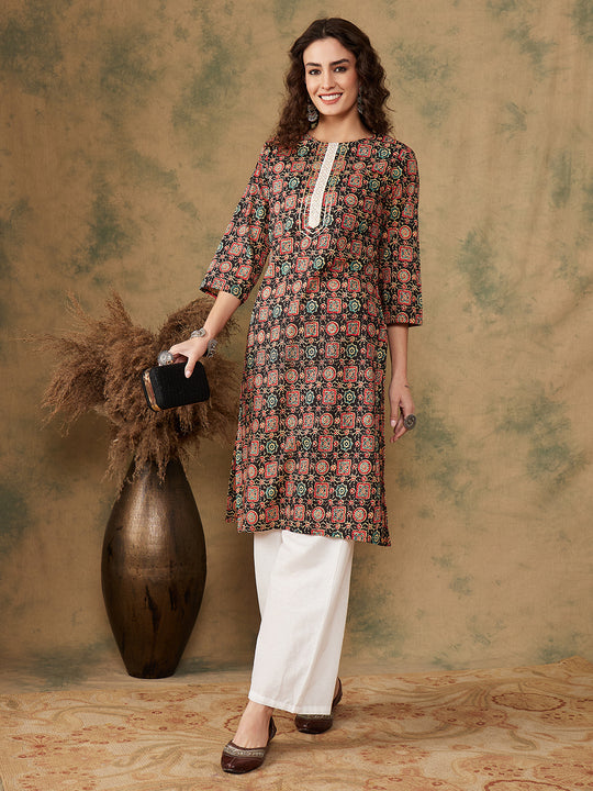 Black Maroon Print Lace Gota Work Straight Kurta
