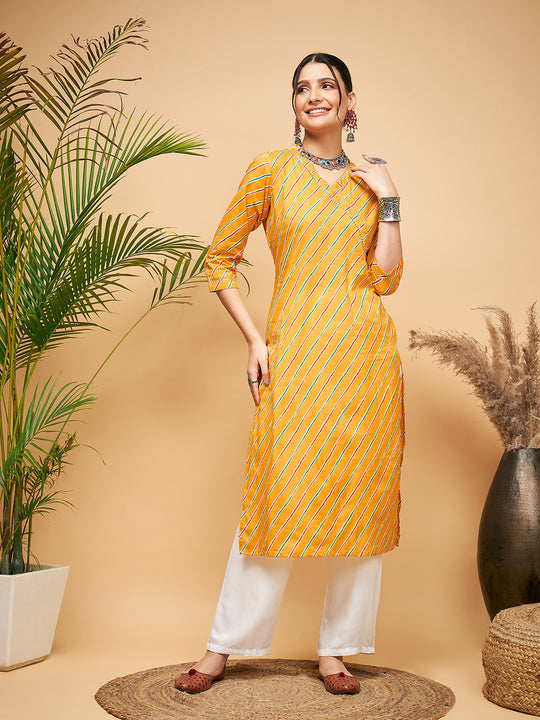 Mustard Lehriya  Angrakha Style Straight Kurta Pant Set