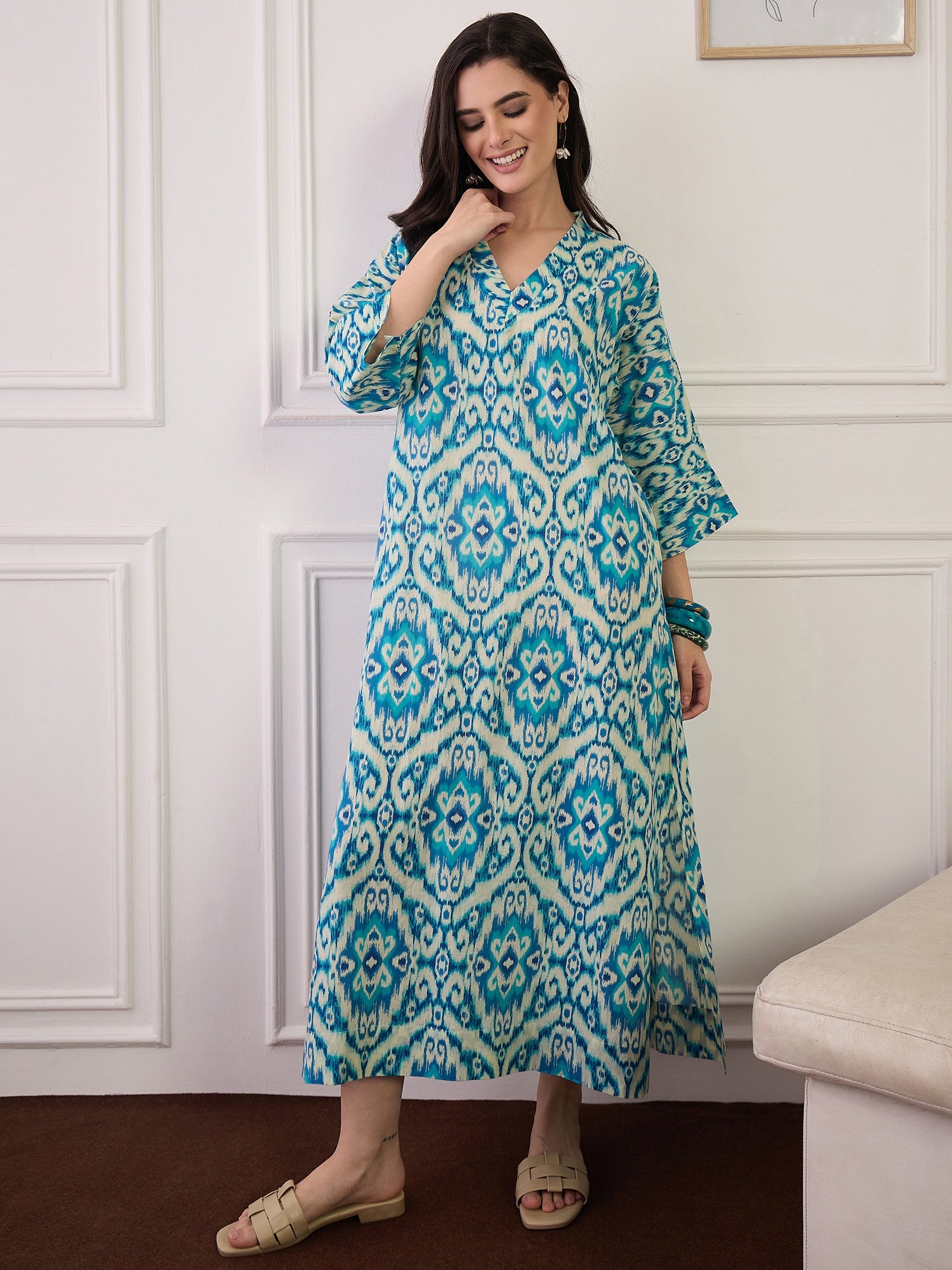 Cream Blue Ikkat Print V Neck Long Dress