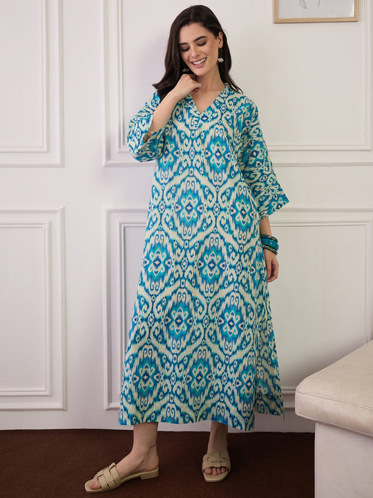 Cream Blue Ikkat Print V Neck Long Dress