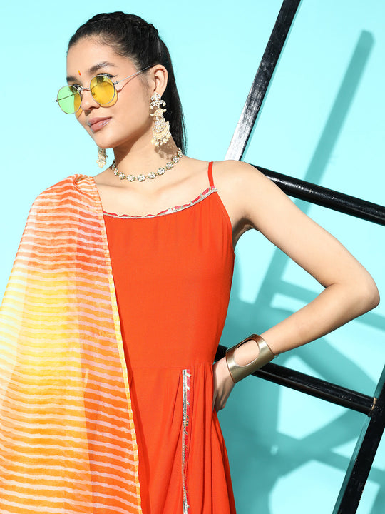 Orange Red Gota Strappy Set With Orange Leh Dupatta