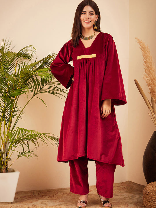 Barn Red V Neck Asymmetrical Pleated Velvet Kurta Set