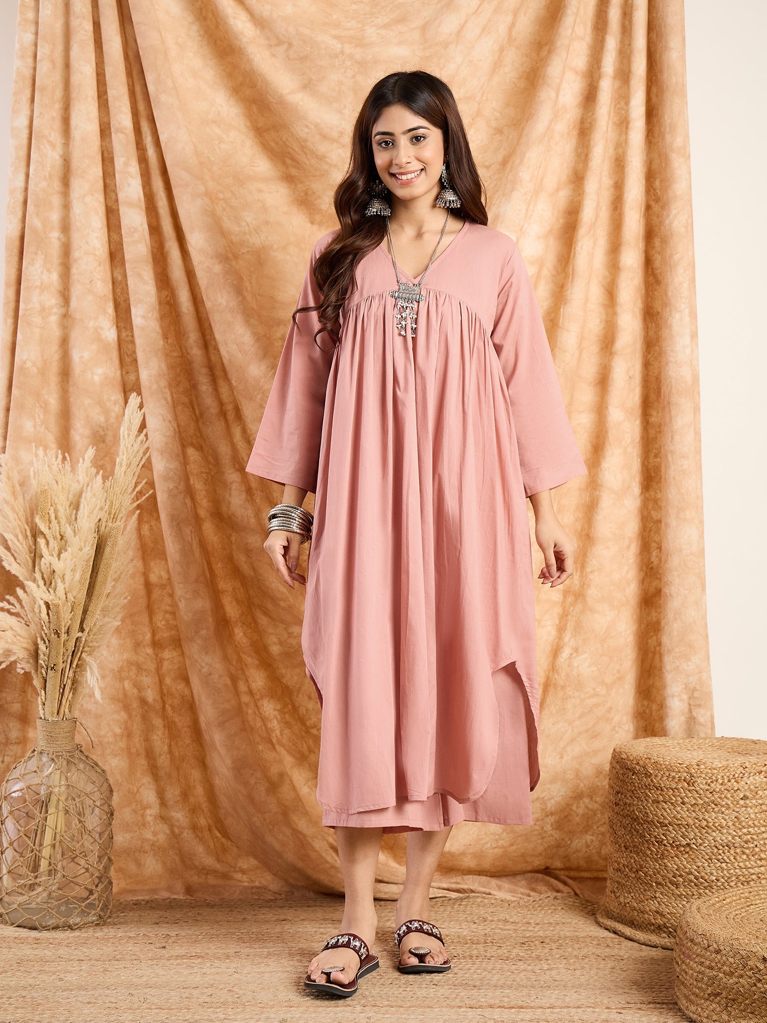 Rusty Pink V Neck Flared Kurta Set