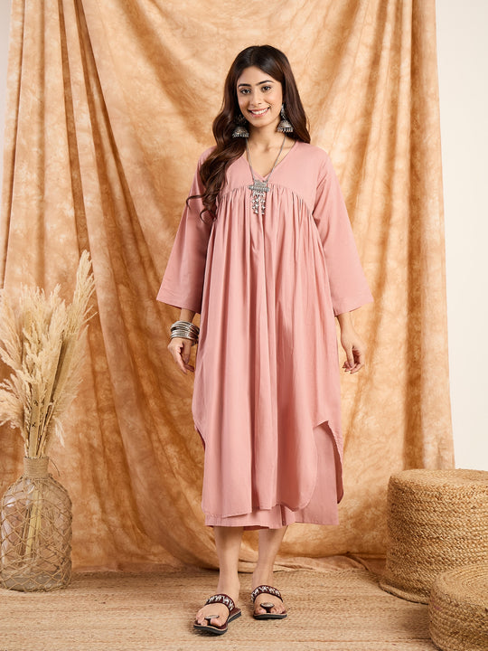 Rusty Pink V Neck Flared Kurta Set