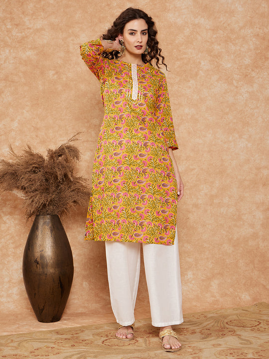 Mustard Green Lace Gota Work Straight Kurta
