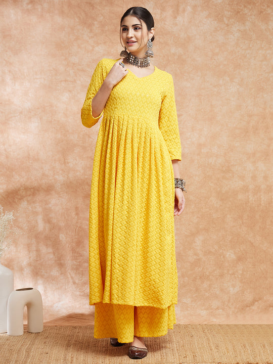 Butter Yellow Chikankari Long Anarkali Kurta Sharara Set