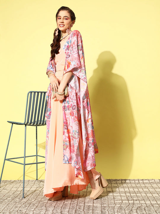 Peach Coord Set With Peach Printed Chinnon Cape