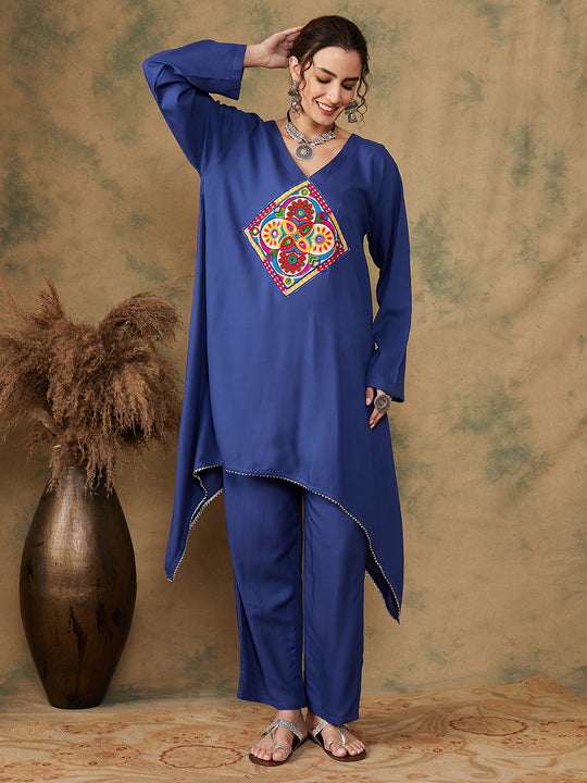 Ink Blue Square Yellow Patch Work Assymentrical Kurta Set