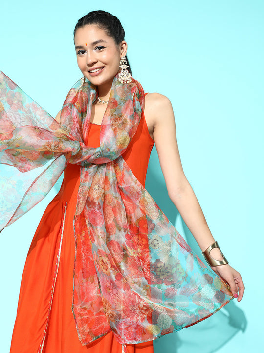 Orange Red Gota Strappy Set With Olive Organza Dupatta