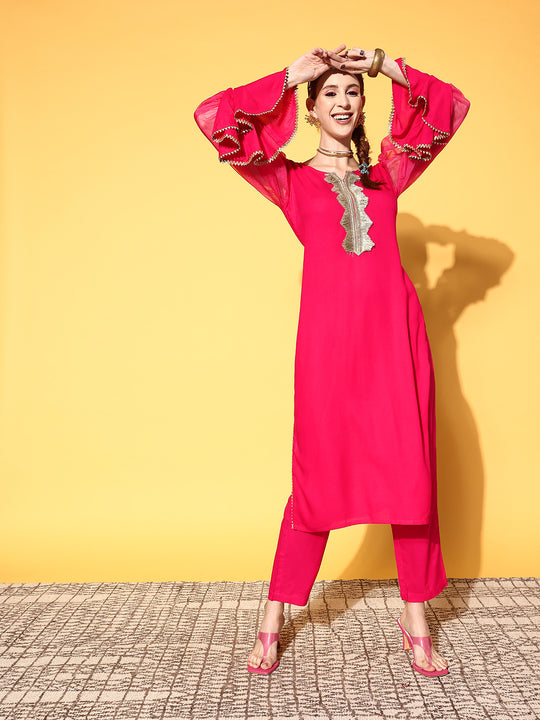 Fuschia Organza Sleeve Gota Work Kurta Set