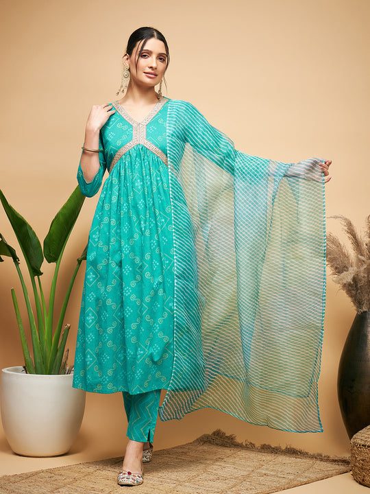 Aqua S Print Alia Cut Gota Work Kurta Set W Aqua Le Du