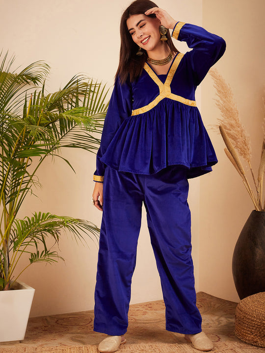 Royal Blue Mughal Shaan Style Velvet Short Kurta Set