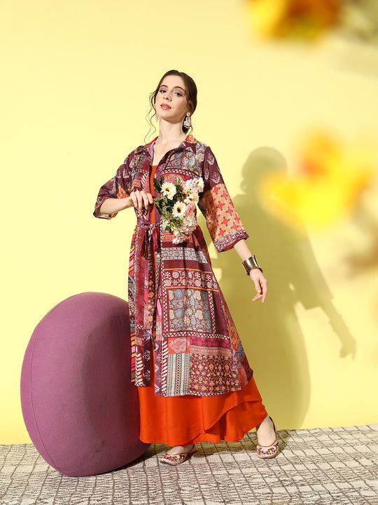Rust & Orange Fusion Layer With Orange Strappy  Kurta Set