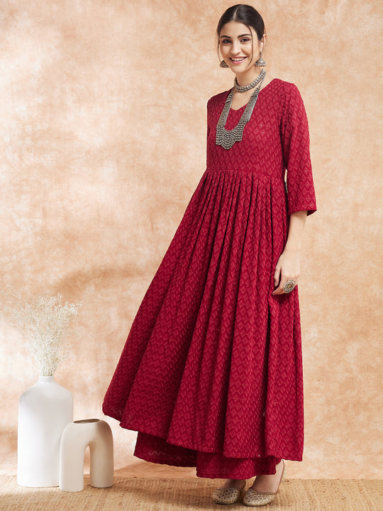 Maroon Chikankari Long Anarkali Kurta Sharara Set