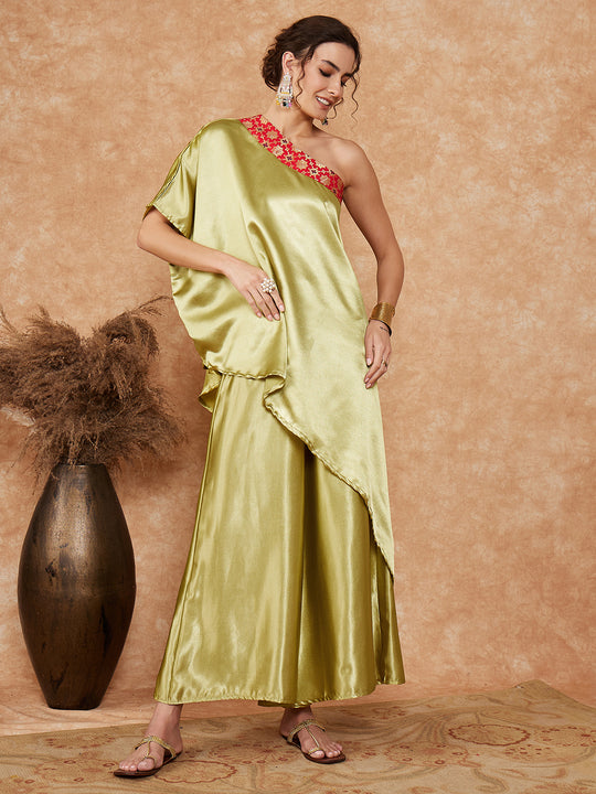 Olive Red Brocade Satin Oneshoulder Kurta Set