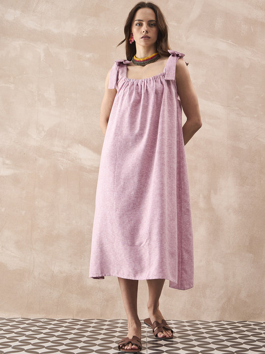 Dull Pink Linen Round Pleat Bow Dress