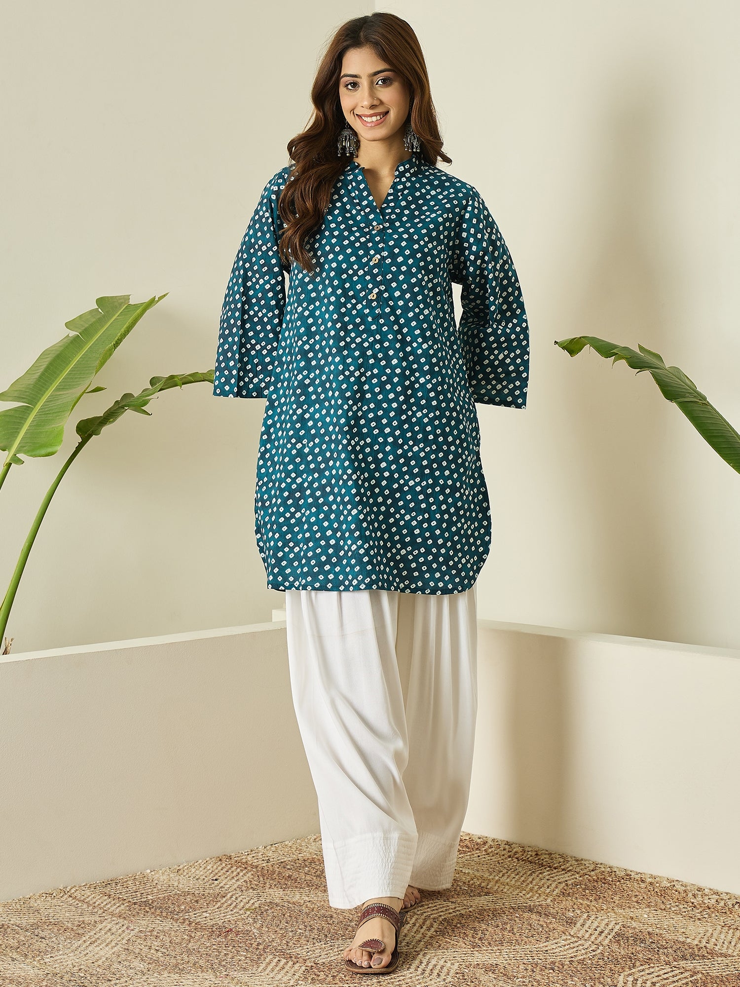 Navy Teal White Dot Kurta White Salwar Set
