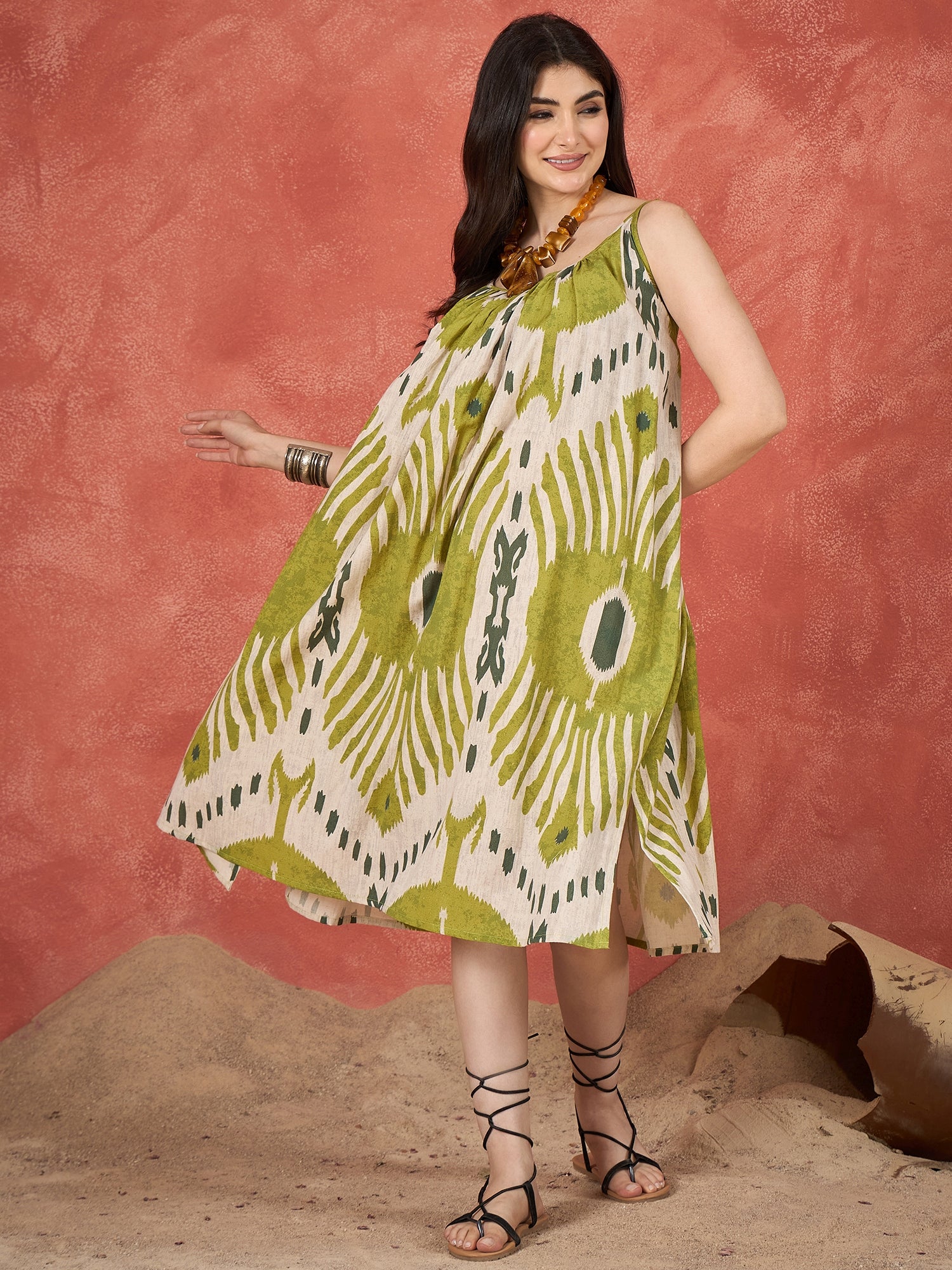 Olive White Ikkat Print Strappy Dress