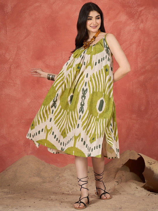 Olive White Ikkat Print Strappy Dress