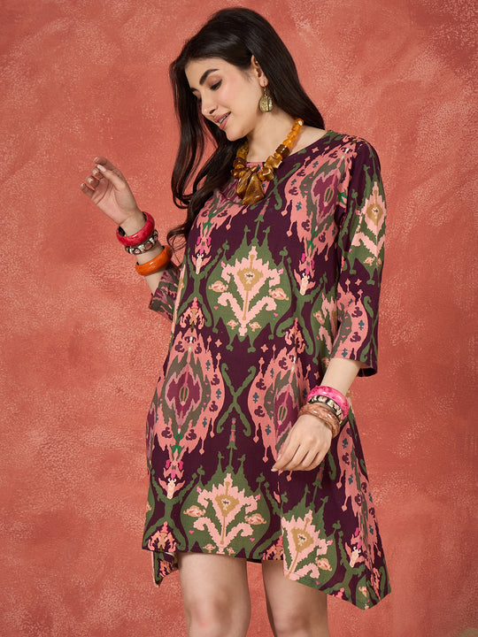 Wine Peach Ikkat Print Round Neck Short Dress