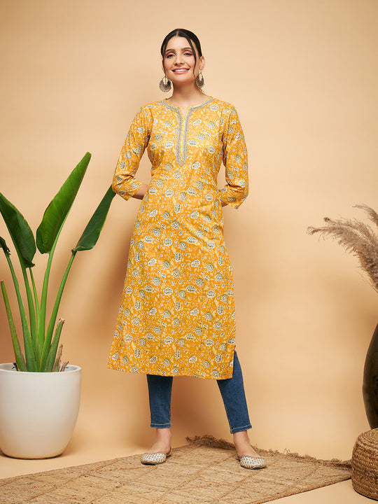 YELLOW FOIL PRINT GOTA STRAIGHT KURTA