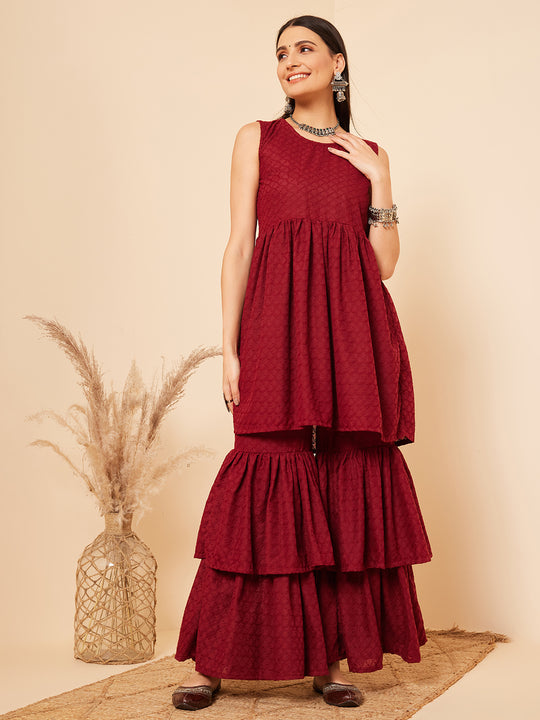 Carmine Maroon Lace Work Double Layer Sharara Set
