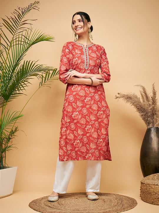 RUST PAISLEY PRINT GOTA STRAIGHT KURTA