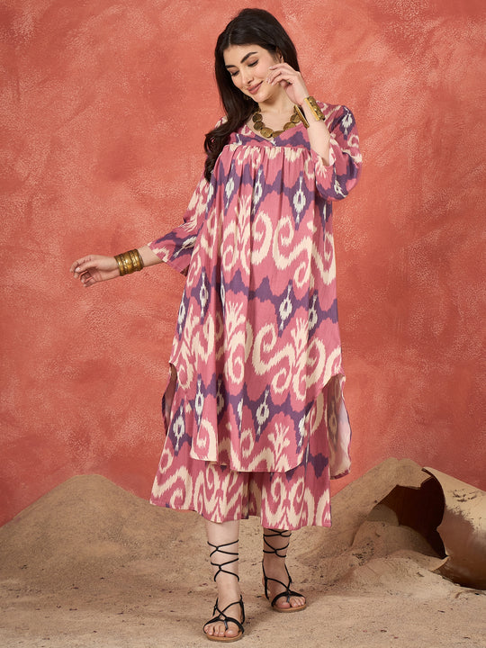 Dull Pink Ikkat Print V Neck Kurta Set