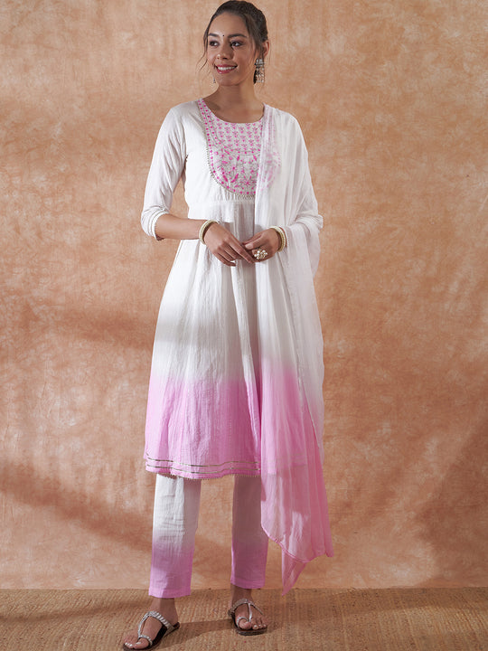 White Lurex Pink Dye Patch Gota Anarkali Kurta Set W Dupatta