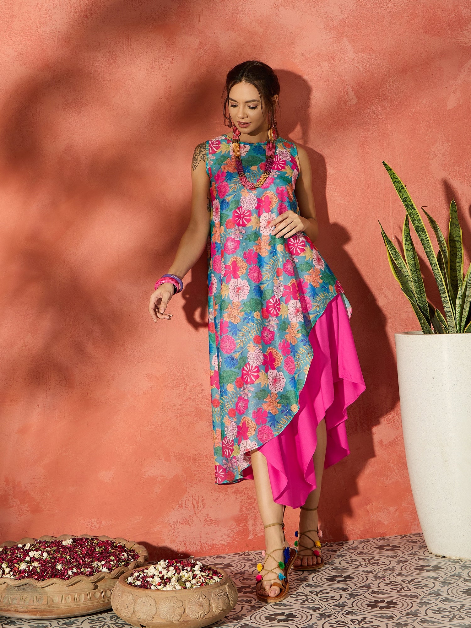 InWeave Blue Floral Fuchsia Asymmetrical Dress S for Women InWeave Blue Floral Fuchsia Asymmetrical Dress S for Women
