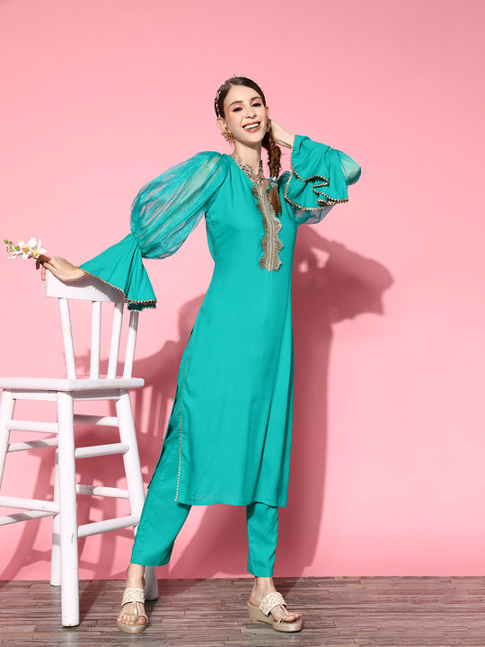 Aqua Organza Sleeve Gota Work Kurta Set
