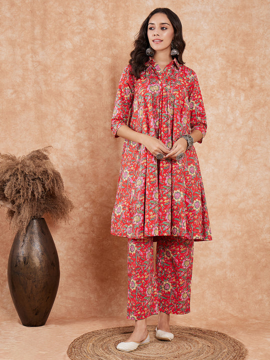 Red Yellow Floral Print Flared Kurta Pant Set