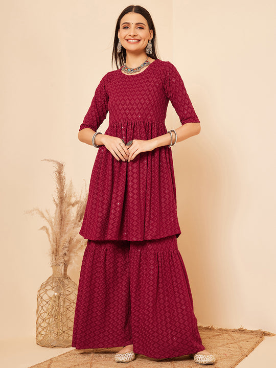 Maroon Chikankari Kurta Sharara Set