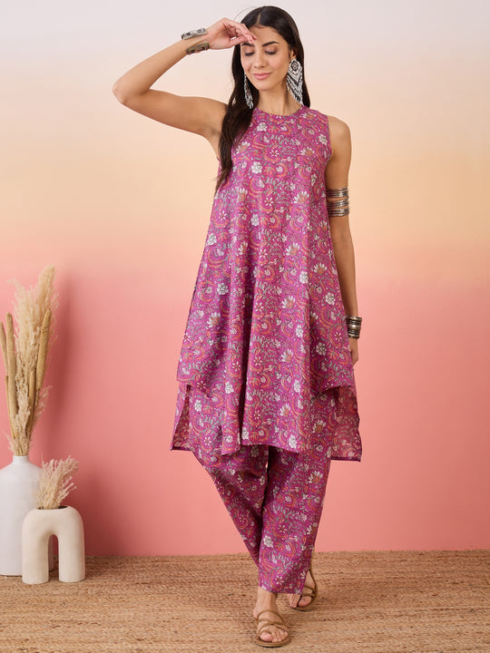 Orchid Jaal Kalamkari Round Neck Kurta Set