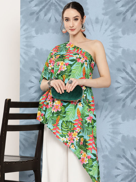 Mint Green Leaf Japanese Art Oneshoulder Top