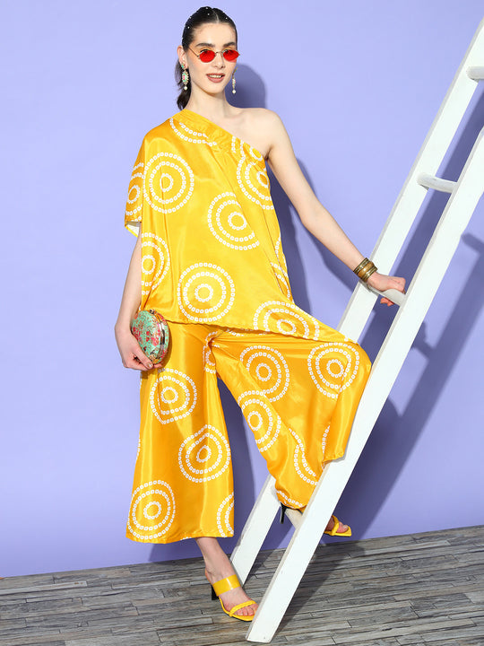 Yellow Bandhani Motif One Shoulder Palazzo Set