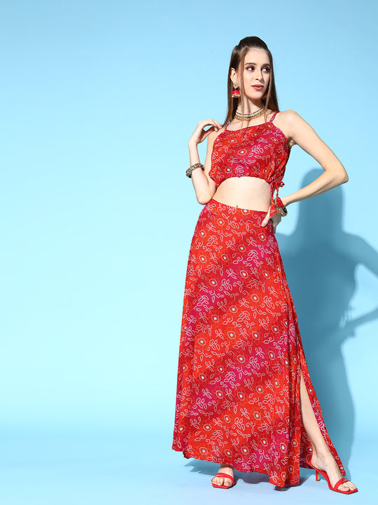 Red Bandhej Crop Top With Skirt Set