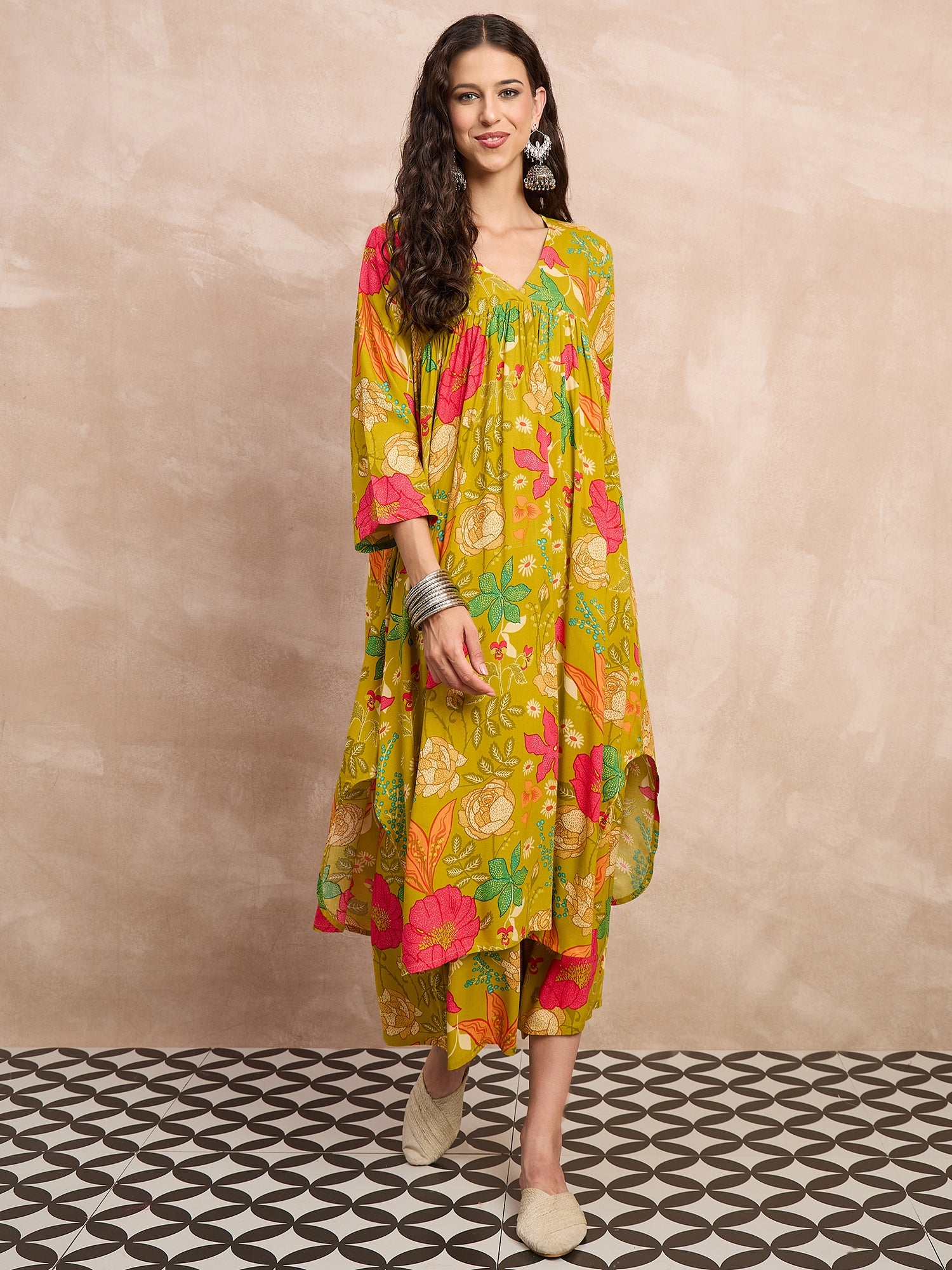 Lemon Yellow Rose Print Flared Kurta Set