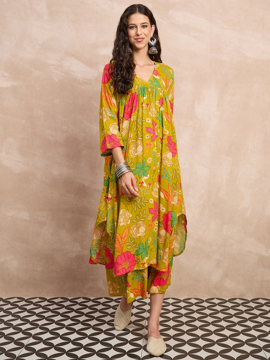 Lemon Yellow Rose Print Flared Kurta Set