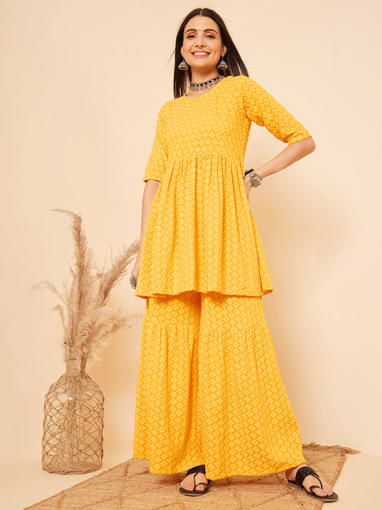 Butter Yellow Chikankari Kurta Set With Sharara