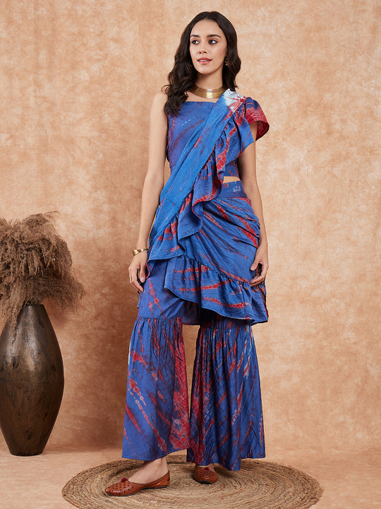 Blue Red Tie & Dye Frill Sharara Saree