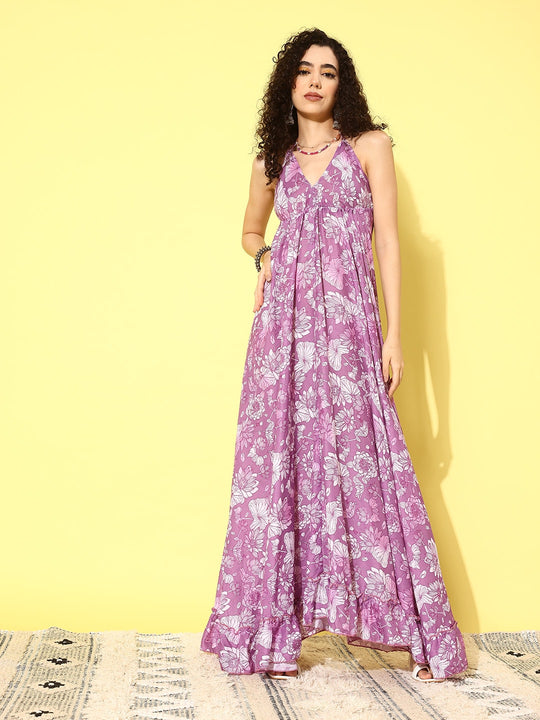 Pink White Print Backdetails Long Dress