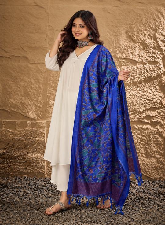 White V Neck Flared Blue Print Dupatta Kurta Set