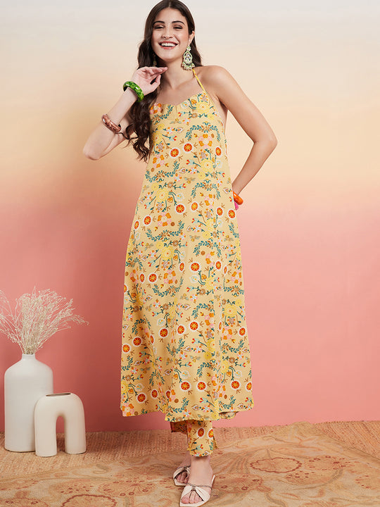 Yellow Print Back Less Long Kurta Pant Set