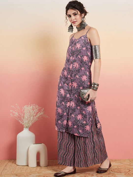 Mauve Bagh Print Spaghetti Kurta Zig Zag Palazzo Set