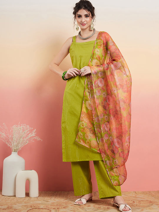 Lime Green Lurex Strappy Straight Kurta Set W Organza Dupatta