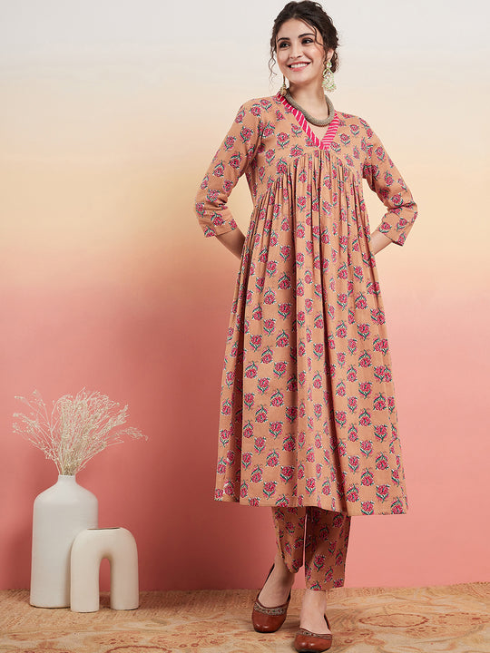 Beige Pink Floral Pink White Leh V Neck Kurta Set