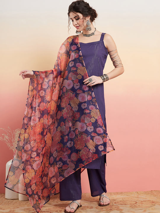 Purple Lurex Strapp Straight Kurta Set W Organza Dupatta